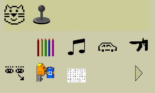 Screenshot des Spielebereichs von Peepo, die verschiedene Symbole, wie unter anderem farbige Stifte, Musiknoten und ein Auto zeigt.