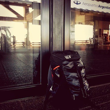 A 30 liter backpack at an airport in Argentina.