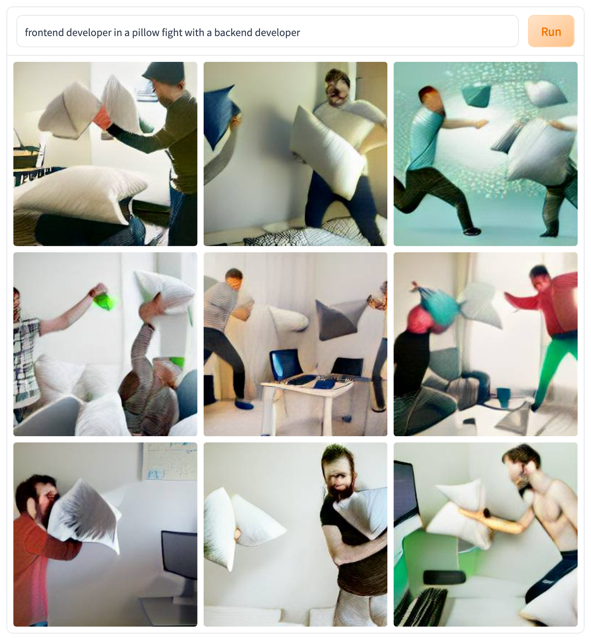A frontend developer in a pillow fight with a backend developer.