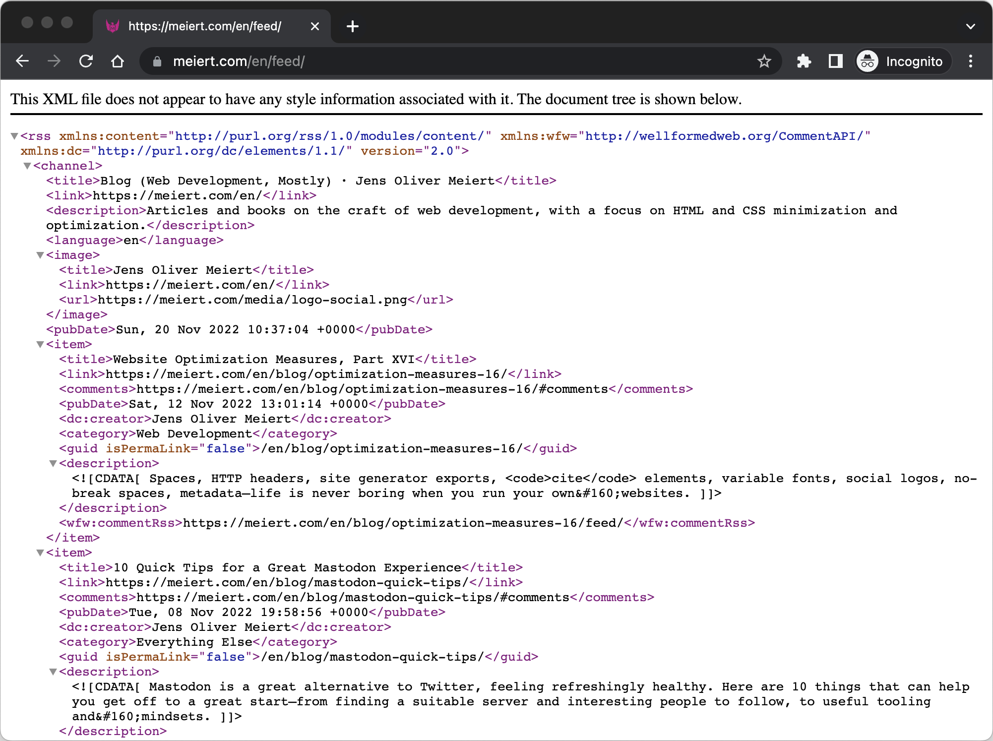 Screenshot of an XML feed.