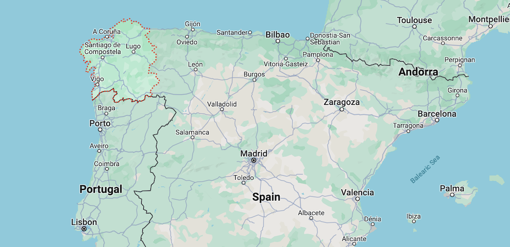 A map of Galicia within the context of Spain and Portugal.