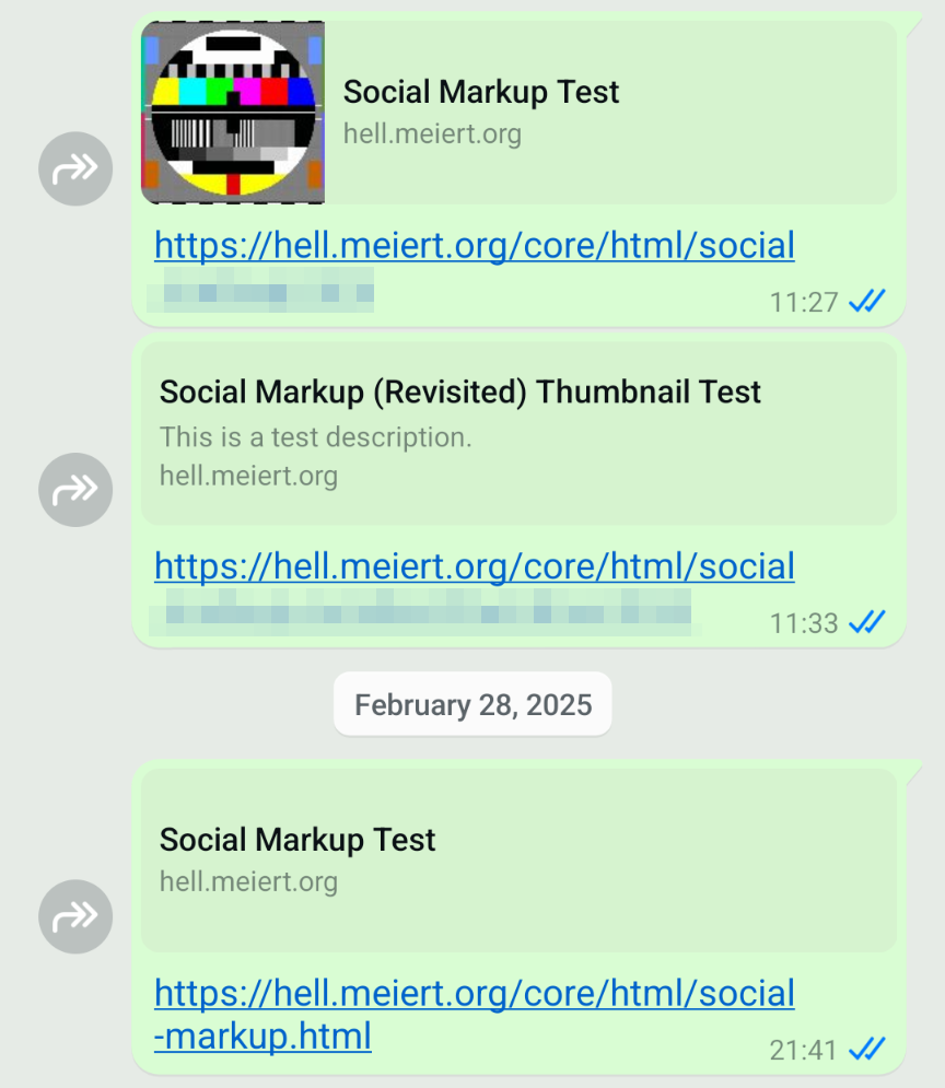 Screenshot of a WhatsApp chat with links being shared, where one shows an image and the other two don’t, but should.